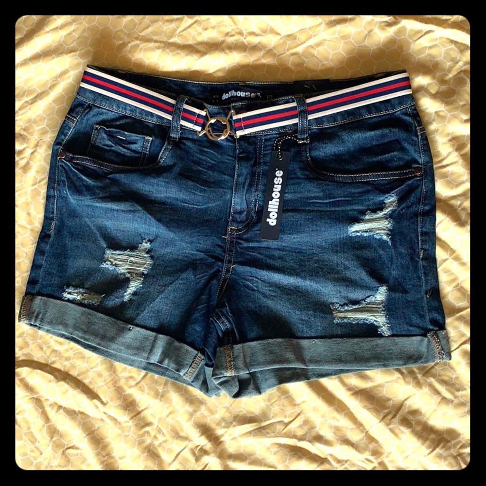 Distressed jean shorts with belt. Never worn.